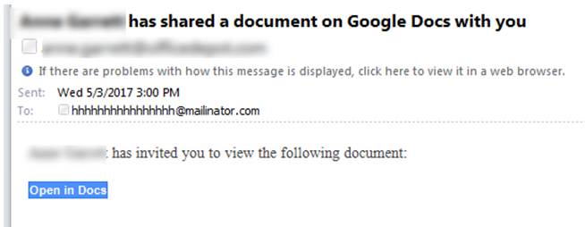 Sample Google Docs Phishing Email